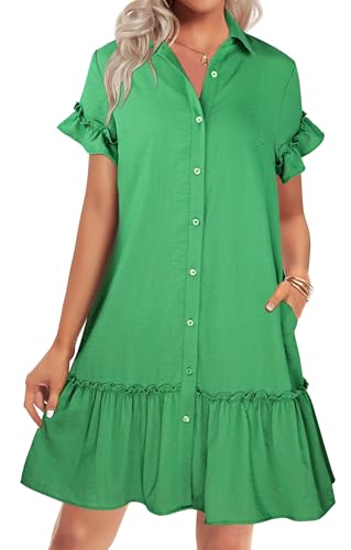 Vestido de verano para mujer, casual, con botones, manga corta, volantes, holgado, con bolsillos, Verde, XL