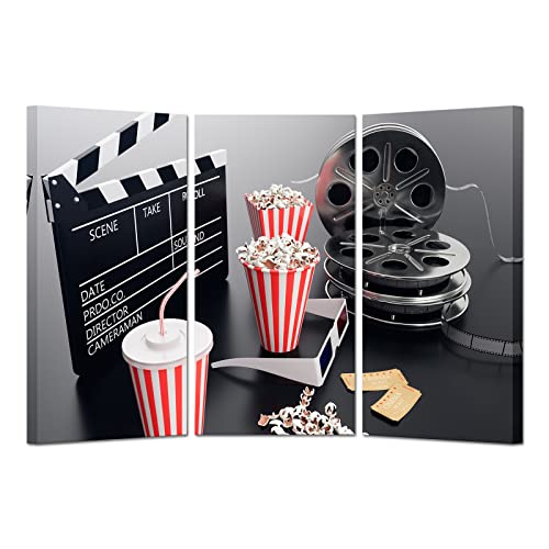 KREATIVE ARTS Large 3pcs Movie Canvas Art Theater Cinema Wall Art Prints Classic Movie Clapper Gilm Reel Popcorn and Filmstrip Cinema Picture Gilcee Artwork for Media Room Decor 16"x32"x3 Pieces