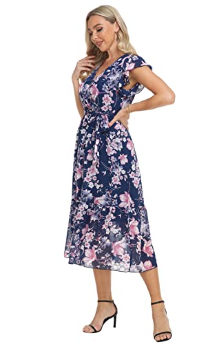 Image of VintageClothing Womens Sundress Casual Floral Summer Boho Dress | Flowy Wrap V Neck Ruffle A-Line Pleated Hem Midi Dresses