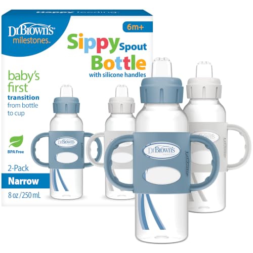 Dr. Brown's Narrow Sippy Spout Bottle with Handles, Blue &amp; Gray, 2-Pack
