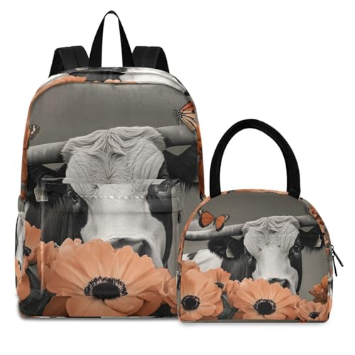Backpack Lunch Bag Set Butterfly Cattle Print, Big Storage Travel Backpacks with Insulated Lunch Box for Office Hiking Picnic