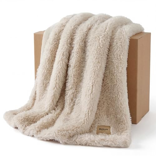 Bedsure GentleSoft Luxury Faux Fur Beige Throw Blanket for Couch, Soft Fuzzy Fluffy Shaggy Gifts Blanket for Women Mothers Day, Warm Cozy Plush Fleece Throw for Room Decor, 50x60 Inches