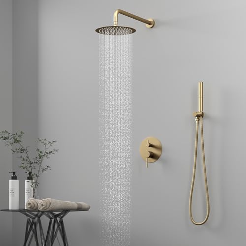 Image of BESy Shower System with 10 Inch Round Rain Shower Head and Handheld Wall Mounted, High Pressure Rainfall Shower Faucet Fixture Combo Set with 2 in 1 Handheld Showerhead for Bathroom, Brushed Gold