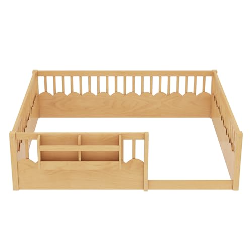 Image of Bellemave Queen Size Kids Montessori Floor Bed,Solid Wood Floor Bed Frame with Bookshelf and High Fence for Kids,Girls,Boys,Natural
