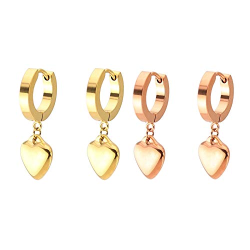 Pendientes de oro para hombre unisex con colgante corazón de acero inoxidable rosa