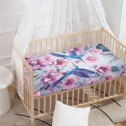 Image of Hummingbird Baby Sheets for Standard Crib Breathable Fitted Sheet Spring Bird Cribs Sheet Set for Girls Soft&Comfortable Mini Cribs Sets Baby Changing Pads Toddlers Gifts
