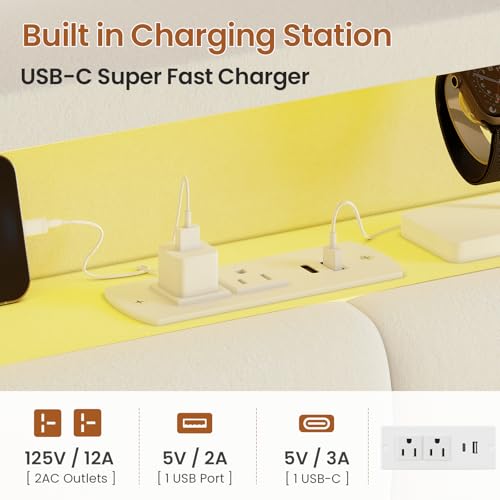 Image of ADORNEVE Lift Up Storage Twin Bed Frame with LED Lights, Hidden Storage Headboard and Charging Station, Upholstered Platform Bed, LED Bed with Hydraulic, No Box Spring Needed, Creamy White