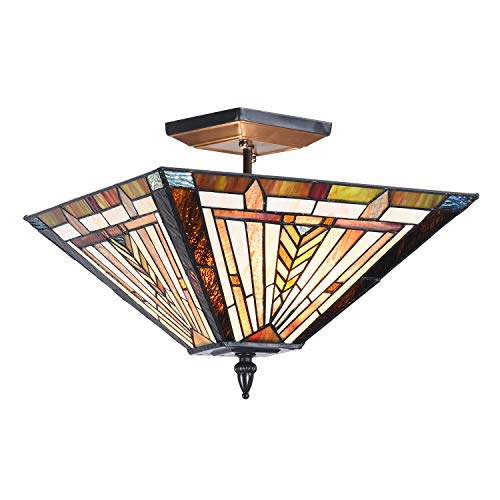 Semi Tiffany Flush Mount Ceiling Light Fixtures Stained Glass Classical Style Hallway Living Room Bedroom Light Fixtures 2-Light