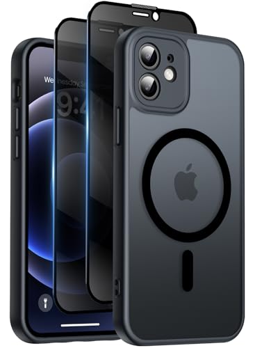 Qasyfanc for iPhone 12 Case with MagSafe Privacy Screen Protectors X2 [Camera Protection] [15FT Military Drop Protection] Magnetic Translucent Matte Back Shockproof Phone Cover 6.1 Black