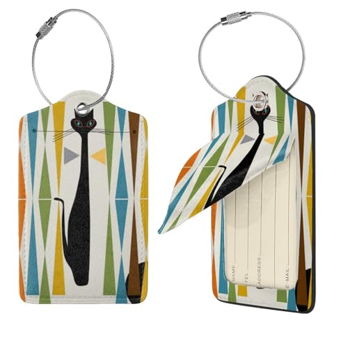Étiquettes à bagages cuir homme femme avec boucle acier et motif chat