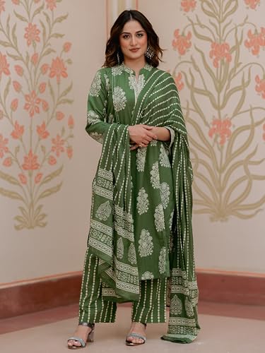 Image of Arayna Women's 100% Pure Cotton Printed Kurta Pant with Dupatta Set | Straight Kurta with Handwork Detail & Ethnic Print