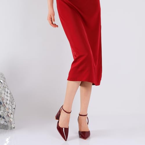 Image of RIBONGZ Block Heels for Women Closed Pointed Toe Heeled Slingback Chunky High Heel Ankle Strap Pumps Patent Leather Comfort Dressy Shoes for Work Party Prom Wedding Bridal Dress
