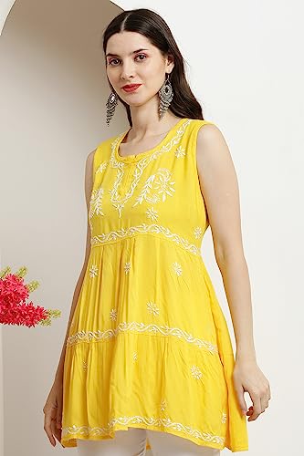 Image of FAWOMENT Women's Ethnic Fashionable Stylish Rayon Sleeveless 2 Layer Short Top With Fine Hand Embroidered Chikankari