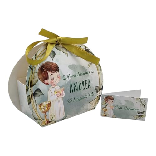24 Bomboniere Comunione Bambino Personalizzate, Bomboniera Comunione Bambino, personalizza e modifica la quantità di Scatoline Portaconfetti complete di Bigliettino e Nastrino PV Grafik(Tunna19C)