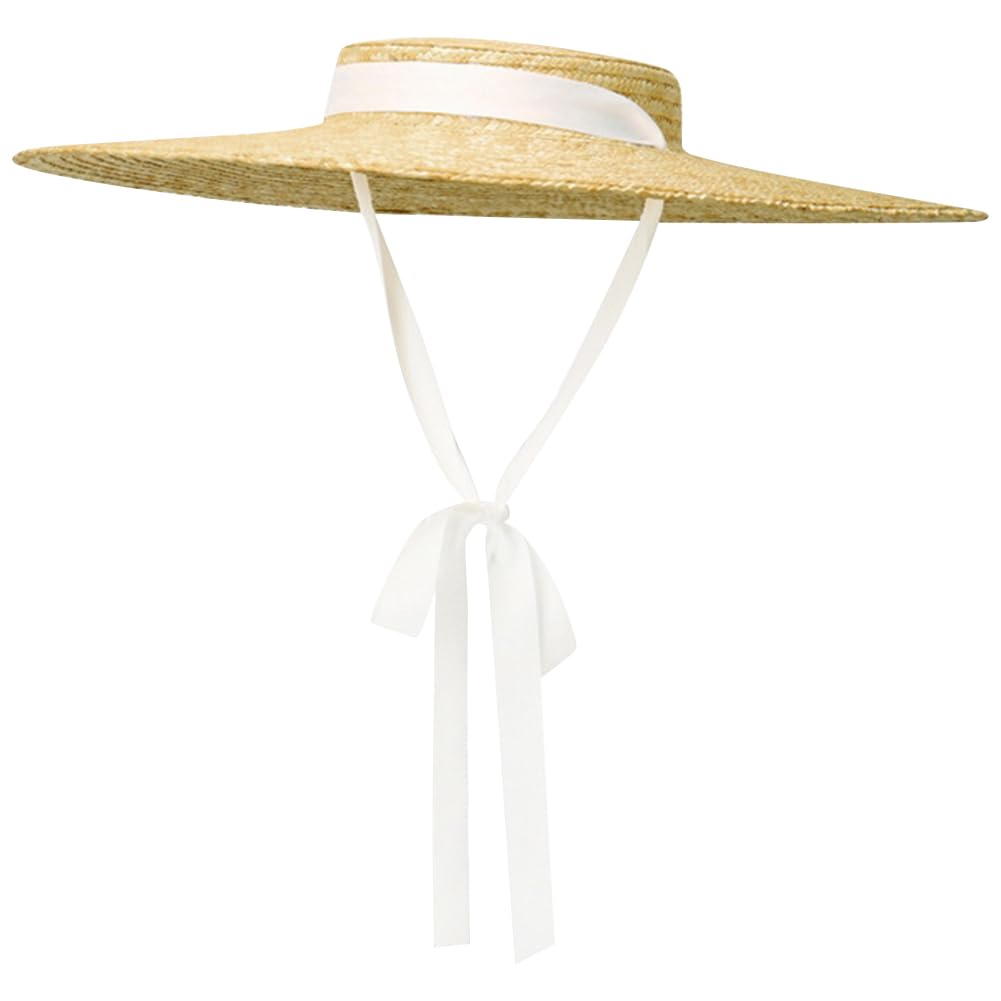Sombreros de Paja de ala Ancha y Copa Plana para Mujer, Gorras de Playa de Verano con Visera y Cinta Larga, Sombrero canotier con Cordones