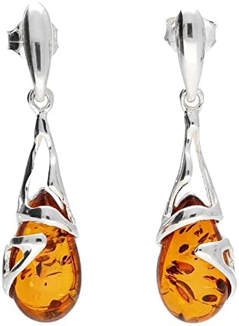 Fancy Cradled Teardrop Baltic Honey Amber 925 Sterling Silver Drop Earrings for Women/Ladies/Girls - Unusual Art Deco Amber Dangly Drop Stud Earrings - Amber Jewellery for Women. 080415