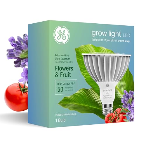 GE Grow LED Light Bulb, PAR38 Flood Light, Indoor LED Grow Lights for Flowers and Fruit, Advanced Red Light Spectrum, 25,000 Hour Lifespan, 50 PPF, 1 Pack (Packaging May Vary)