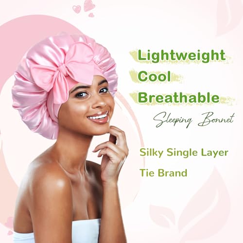 Image of BONNET QUEEN Silk Bonnet for Sleeping Satin Bonnet Hair Wrap with Tie Band Sleep Cap Night Cap for Women Curly Hair,2Pcs Black Pink