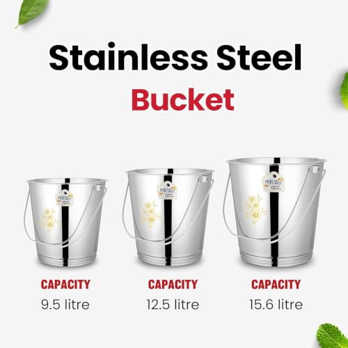 Image of Mintage Stainless Steel Bucket for Bathroom 12.5 litres Capacity | Water Storage Bucket for Kitchen | Laser Balti for Serving | Leak Proof Multipurpose Use | Balti for Home Steel Buckets with Handle