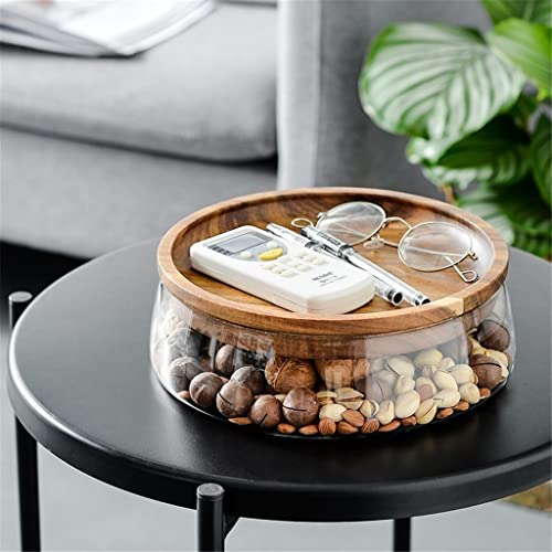 IGZVMBO Cuenco de vidrio con placa de madera, caja de almacenamiento seca de frutos secos, caja de almacenamiento de caramelos, bandeja de frutas con tapa de madera para la cocina del hogar, 23 x 21 x