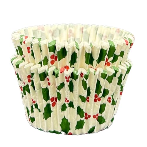 Delicious Cupcake Cases - Holly on White - 36PC 65GSM 51mm x 38mm Printed Greaseproof Baking Cases - Perfect for Winter, Christmas & Festive Gatherings