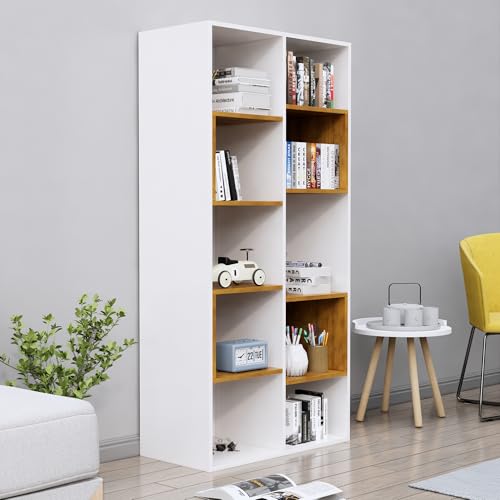 Image of Bniture 10 Tier Engineered Wood Open Book Shelf Wooden Bookshelf for Home, Kids Room & Study Room | Multipurpose Free Stand Corner Book Organizer for Library Room, Office | Frosty White & Giant Wood