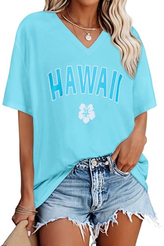 Image of Oversized Tops for Women Graphic Short Sleeve Tees Basic V Neck Shirt(Azure Print, L)