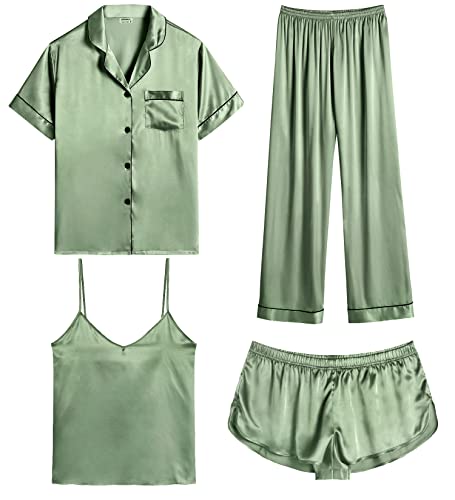 Image of SWOMOG Womens Silk Satin Pajamas Sets 4pcs Sleepwear Sexy Cami Shorts Set and Button Down Short Sleeve Pjs Loungewear Matcha Small
