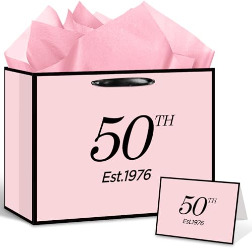 Yoirrat Est 1976 50th Birthday Gift Bag for Her Women with Wrapping Tissue Paper & Card Large Pink Black 50th Gifts Bag Happy Fifty Bday Party Favors Supplies Present for Daughter Friend Sister
