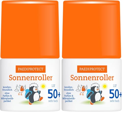 PAEDIPROTECT Sonnenroller LSF50+, 50ml, Ohne Parfüm & Mikroplastik, korallenfreundlich, Praktisch für Unterwegs, Leichte Anwendung für Kinder, Vegan, für sensible & empfindliche Haut (Packung mit 2)