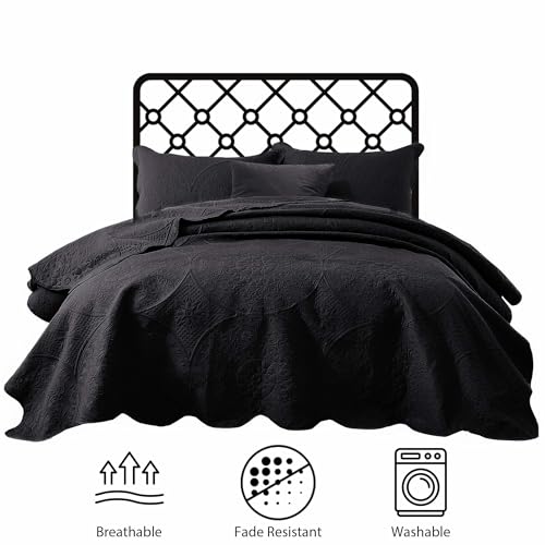 IR Imperial Rooms 10 Pack Queen Quilt Bedding Set (90" x 96") - Bulk Wholesale for Hotels, Guest Bedroom & Airbnbs - Lightweight Microfiber Reversible Floral Embossed Quilts Bedspreads (Black)