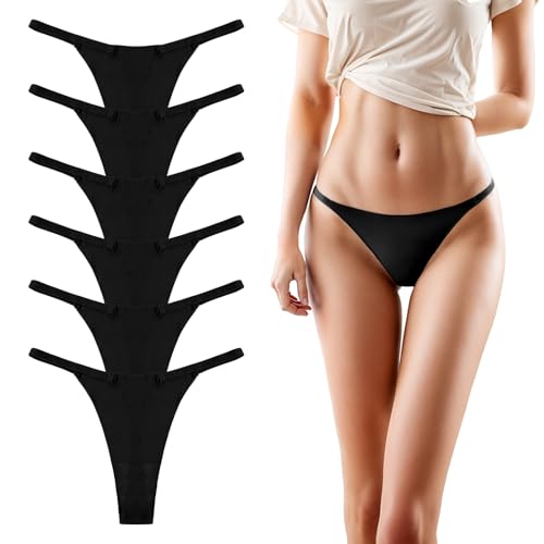 6 Pack Seamless G-string Thongs for Women No Show Thong Underwear Stretch Breathable Low Rise Panties Sexy Underwear (M) Black