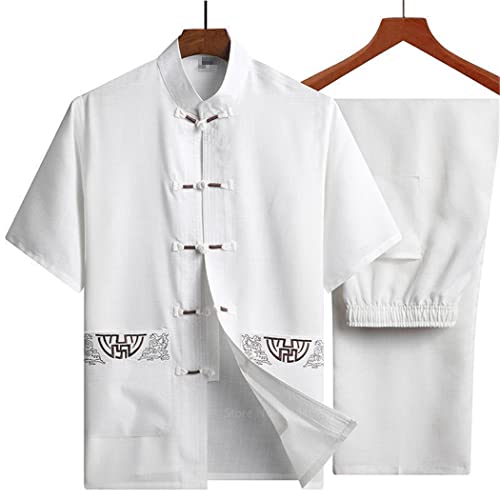 Traditional Chinese Clothing Set For Men, Adult Tai Chi Kung Fu Uniforms Linen Short Sleeve Embroidery Chinese Costumes #TOP2