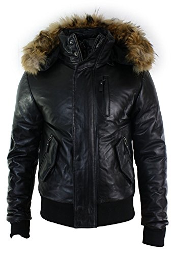 TruClothing Mens Real Fur Hood Bomber Leather Jacket Black Puffer Padded