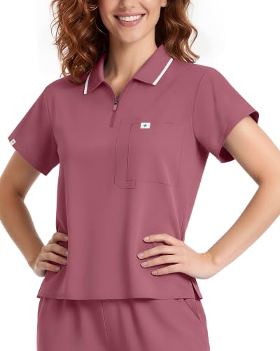 Meidiero Women's Scrub Tops Zip Polo Cropped Medical Scrub Top Nude Pink