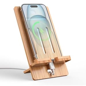 Pezin & Hulin Bamboo Cell Phone Stand, Adjustable Phone Holder for Phones, Portable Mobile Phone Dock Rack with Charging Hole for Tablets