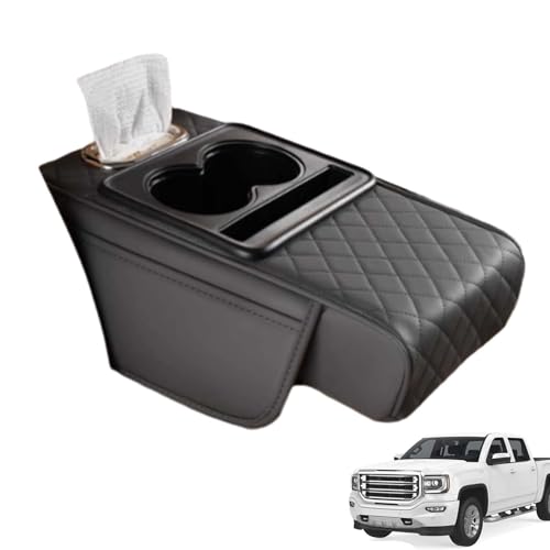 Multifunctional PU Leather Car Armrest Box Mat 5-in-1 Center Console Cover with Cup Holder with 2 Storage Bags Tissue Box Slot Phone Slot for Universal Most Cars Velcro Design (Gray)