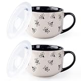 AmorArc 32 Ounces Ceramic Soup Mugs with Lids and Handle, Stoneware Bowls Cup Set of 2 for Soup, Stew, Noodle, Beautiful Mug Bowls With Bees Patterns, Microwave&Dishwasher Safe, Black