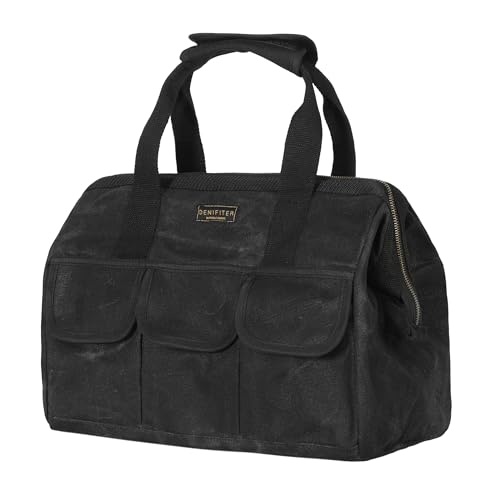 Heavy-Duty 16oz Waxed Canvas Tool Tote with Zipper, Multi-Purpose Organizer Tool Pouch with 15 Pockets | 15"L X 7.8"W X 11.5"H