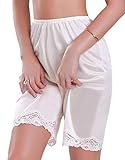 Hedovan Women Culotte Half Slips Satin Bloomer Pettipants Under Dresses Lace Trim Pants Elastic Waist Liner Slip Shorts(Beige,Medium)