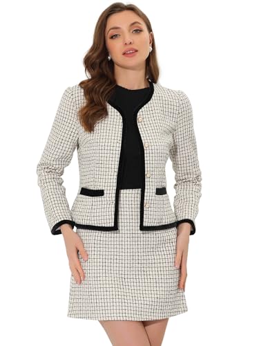 Ensemble de costume tailleur blanc en tweed à carreaux Allegra K taille M pour femme