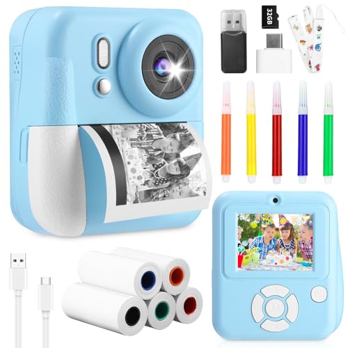 Appareil Photo Enfant Instantanée(Bleu),1080P, 32GB Carte Mémoire, 6 x Papier d'impression, Cadeau pour Les Garçons et Les Filles 3-12 Ans