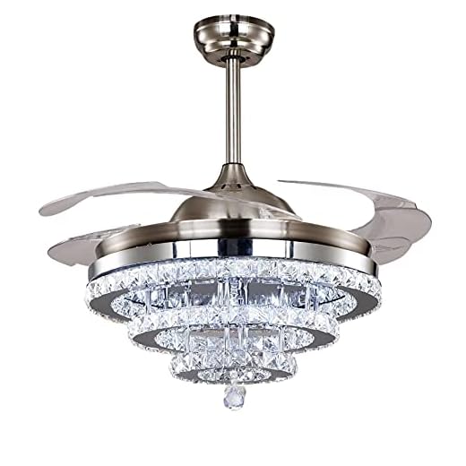 YOYWE Crystal Ceiling Fan with Light, Remote Control Retractable Blades Fan Chandelier LED Indoor Fans Ceiling for Dining Room/Bedroom 42 Inch Room Fandelier, Three Color Changing Chandelier (Silver)