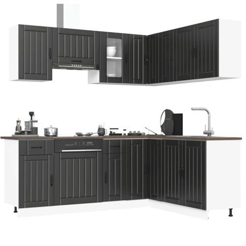 Massbinet 11-TLG. Küchenzeile Küchenschrank Set Küchenblock variabel stellbar Lucca Schwarz Holzwerkstoff