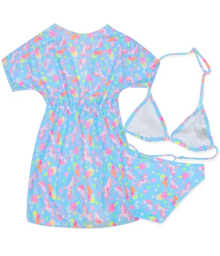 POWER FLOWER Mädchen 3-teiliges Badeanzug-Set, Bikini-Set mit Coverup zum Schwimmen, Zweiteiliger Badeanzug mit Coverup für Mädchen von 4 bis 16 Jahren (8-10 Years, LA665-Blue)
