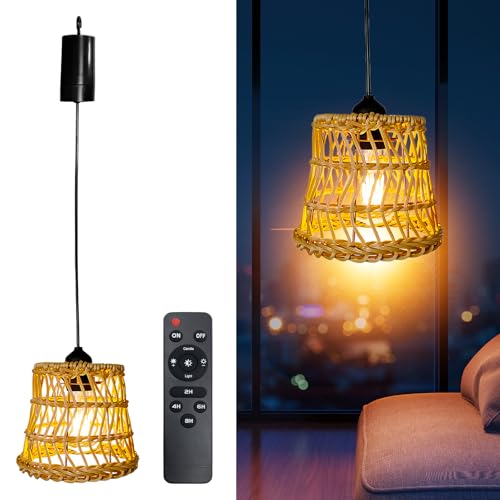 Lámpara colgante de ratán Boho – con batería y mando a distancia, portátil, para patio, bar y jardín, sin conexión de alimentación
