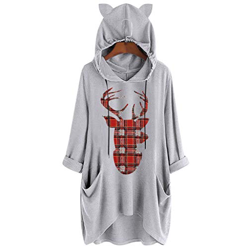Preisvergleich Produktbild Zegeey Damen Weihnachten Kleid Langarm Casual Christmas Print KostüM Weihnachtskleider Pulloverkleider Mit Kapuze Locker Herbst Winter Outwear Sweatshirt(A1-Grau,L)