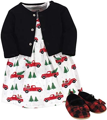 Hudson Baby Baby Girl Cotton Dress, Cardigan and Shoe Set, Christmas Tree, 3-6 Months