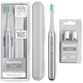 Aquasonic Icon Toothbrush and Replacement Brush Heads Bundle Stone