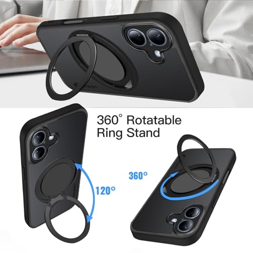Image of KARWAN Tough Shockproof Armor Back Case Cover Compatible with iPhone 16 with 360 Degree Rotation Magnetic Attraction Ring Holder Heavy Duty Rugged Cover with Magnetic MagEase Wireless Charging (Black)
